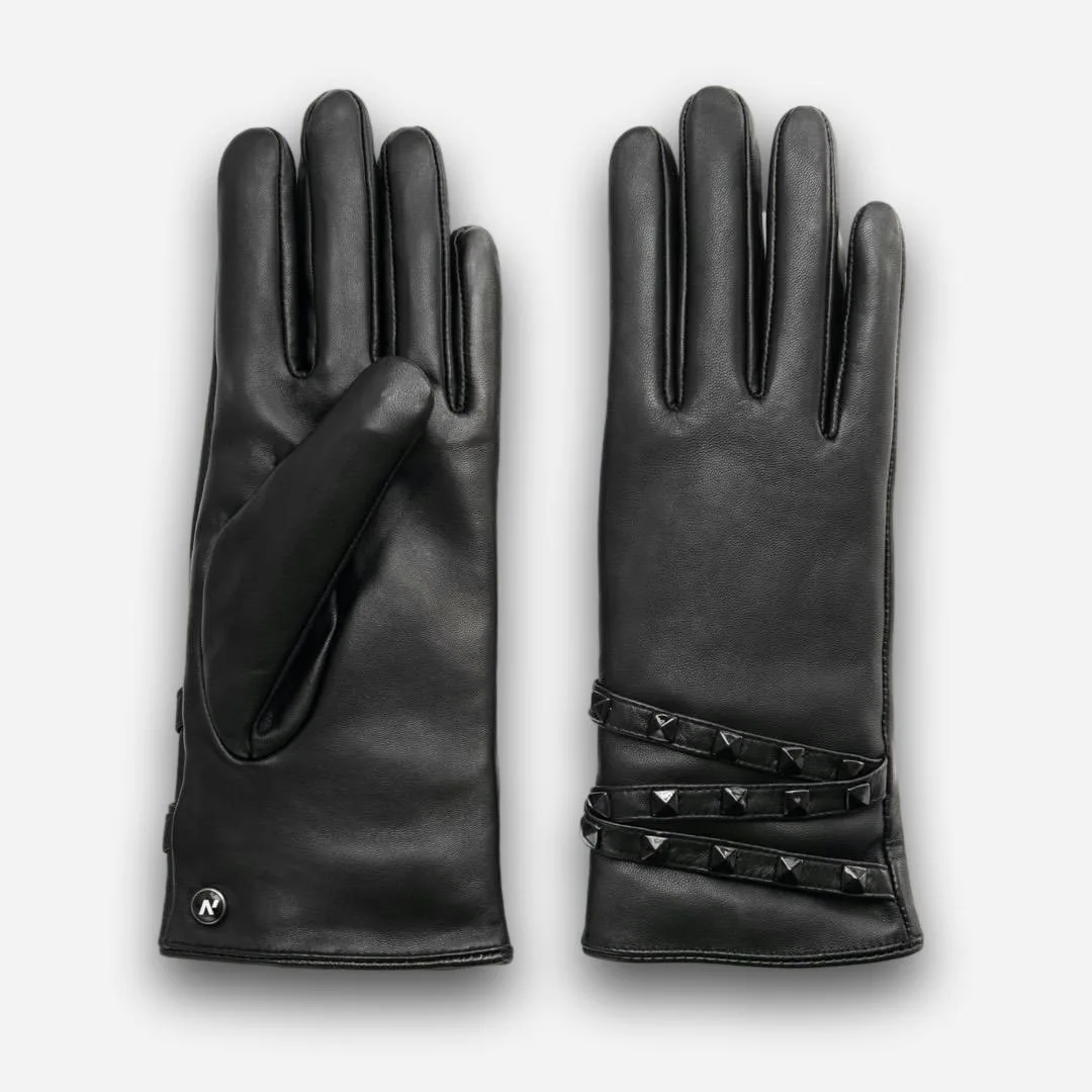 Guantes de mujer de piel negros con tachuelas.